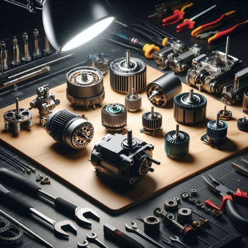 Moteurs électriques et motoréducteurs de différents modèles sur un établi avec des outils