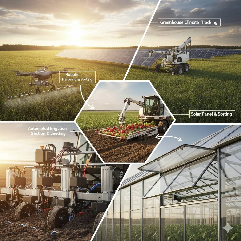 Collage de l'agriculture électrifiée : drone de pulvérisation, robot de récolte, robot semeur et serre avec ouvrants de toit automatiques
