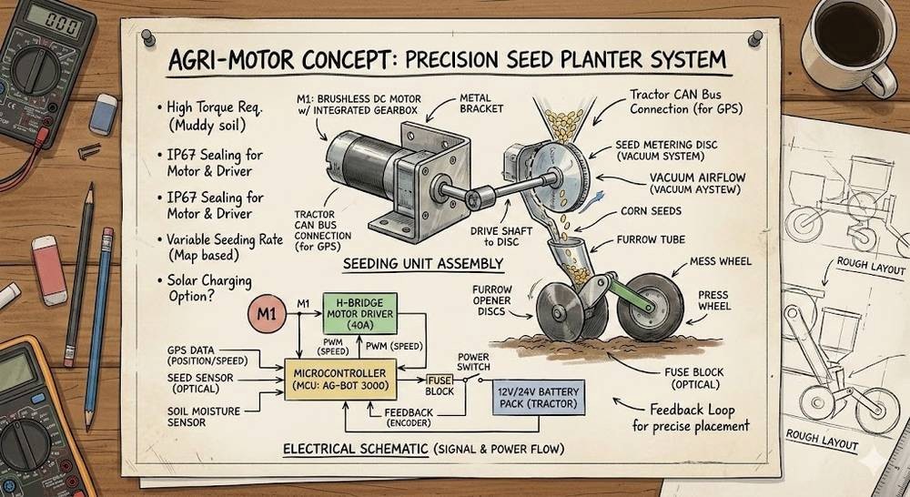 Croquis conceptuel d'un semoir de précision avec un moteur CC sans balais entraînant le disque de dosage